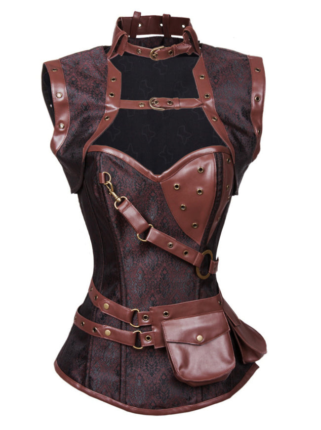 Retro Goth Spiral Steel Boned Brocade Steampunk Bustiers Corset with Jacket and Belt