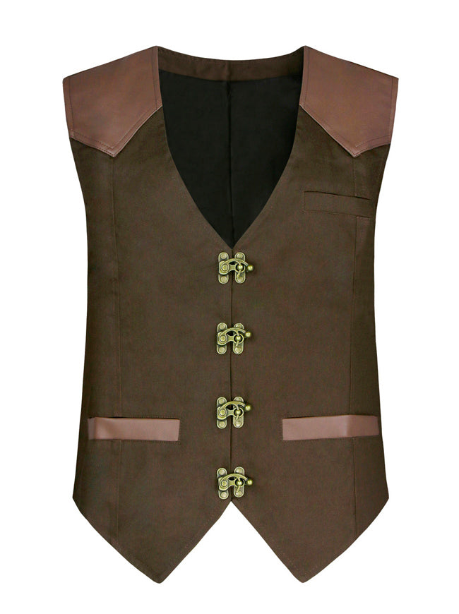 Men's Steampunk Victorian Faux Leather Patchwork Waistcoat Casual Vest