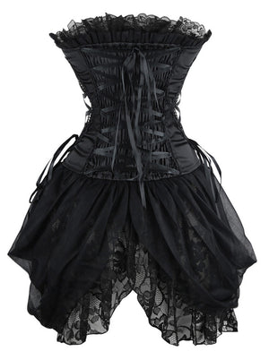 Women's Sexy Strapless Floral Embroidery Mesh Princess Bustier Corset with Lace Skirt Black Back View