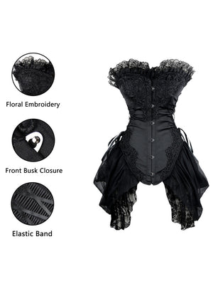 Women's Fashion Strapless Floral Embroidery Bustier Corset with Lace Skirt Black Detail View