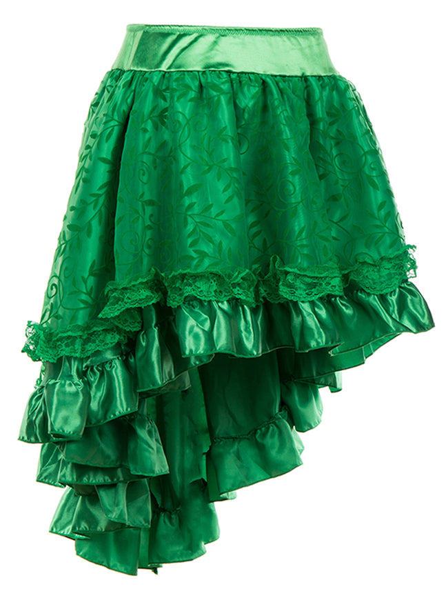 Women's Steampunk Ruffle Floral Organza High Low Party Skirt Green Side View
