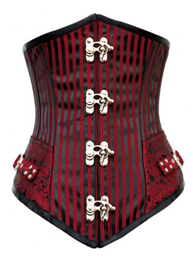 Women's Vintage Jacquard Spiral Steel Boned Brocade Lace Pinstripe Corset Red/Black Detail View