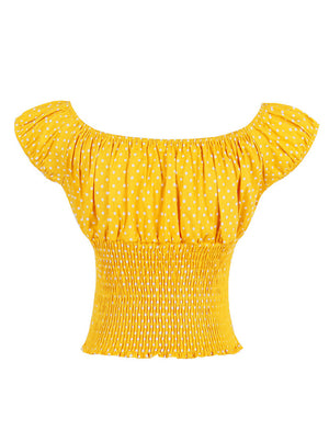 Sevimli Təsadüfi Polka Nöqtəli Ruffle Off Çiyin T-shirt Sarı rəngdədir