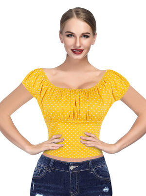 Sexy Off the Shoulder Polka Dot Clubwear Peasant Tops Yellow