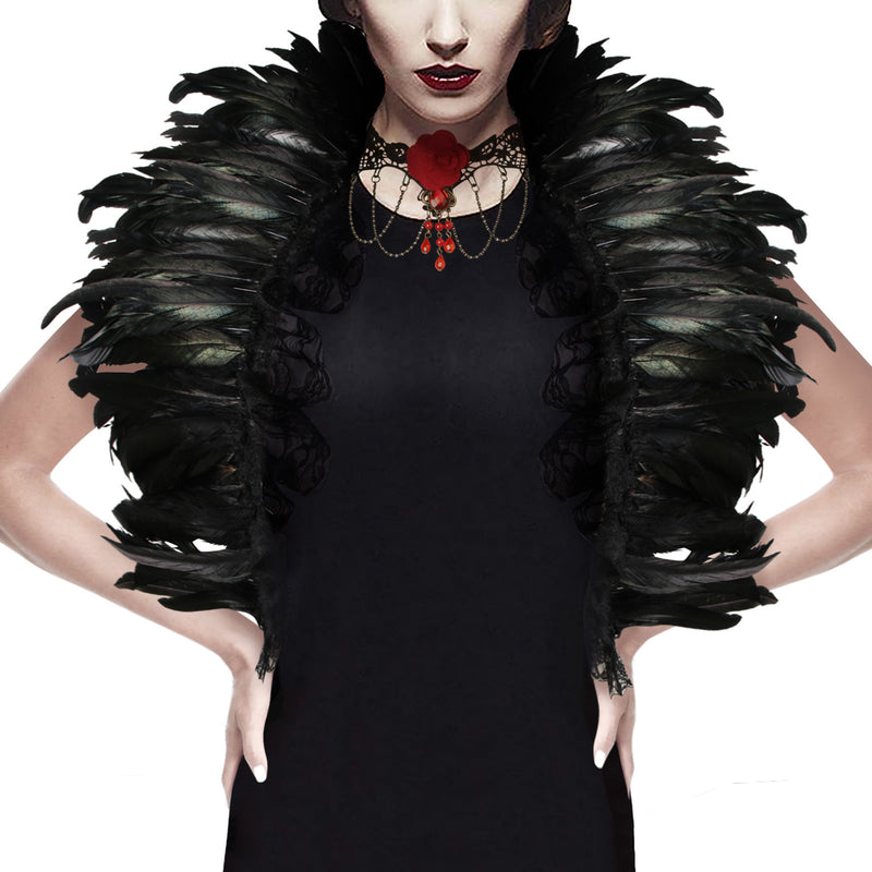 Gothic Feathers Shawl Halloween Cape Accessories with Red Rose Necklace