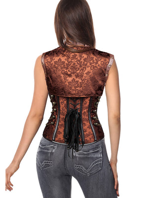Renaissance Retro Brocade Steel Boned Lace Up Corset Top with Chains