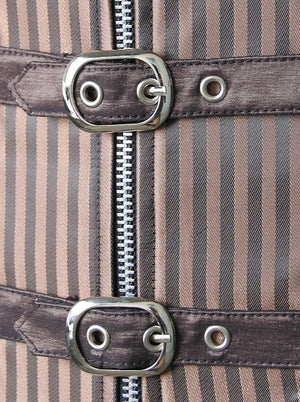 Women's Vintage Spiral Steel Boned Zipper Waist Cincher Corset with Buckles Light Brown Detail View
