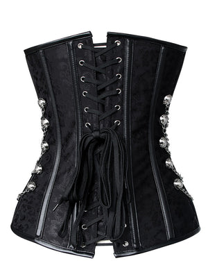 Women's Gothic Jacquard Spiral Steel Boned Busk Closure Overbust Corset with Chains Black Back View