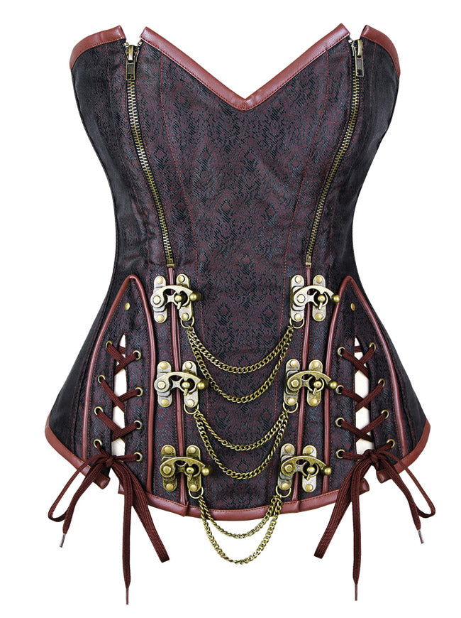 Women's Gothic Steel Boned Brocade Lace-up Halloween Corset Top with Zipper Brown Detail View