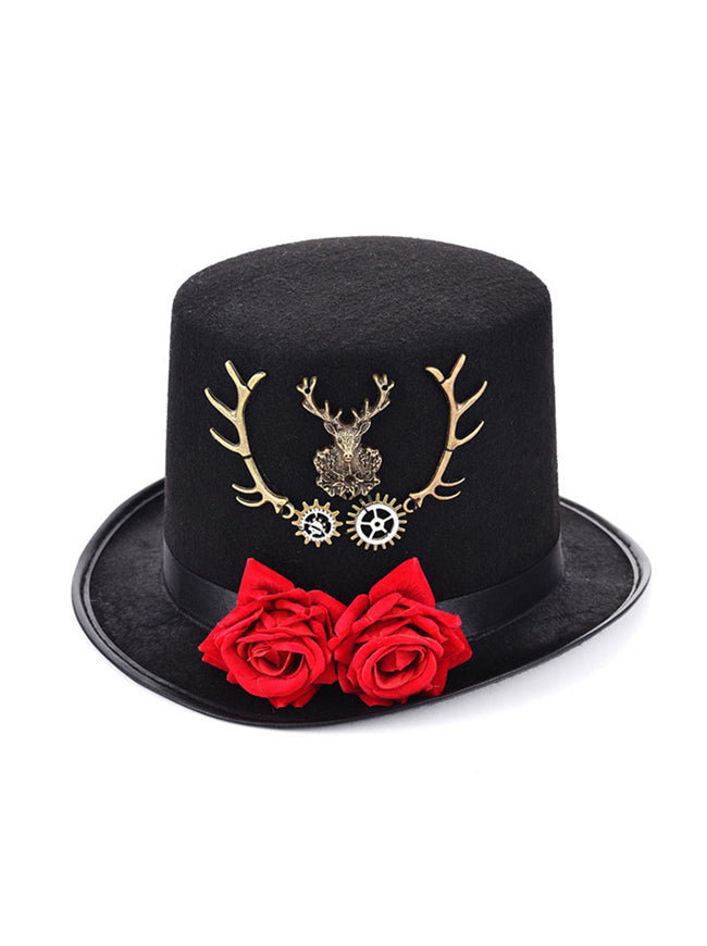 Steampunk Top Hat Rose Metal Reindeer Antlers Costume Accessory Party Top Hat