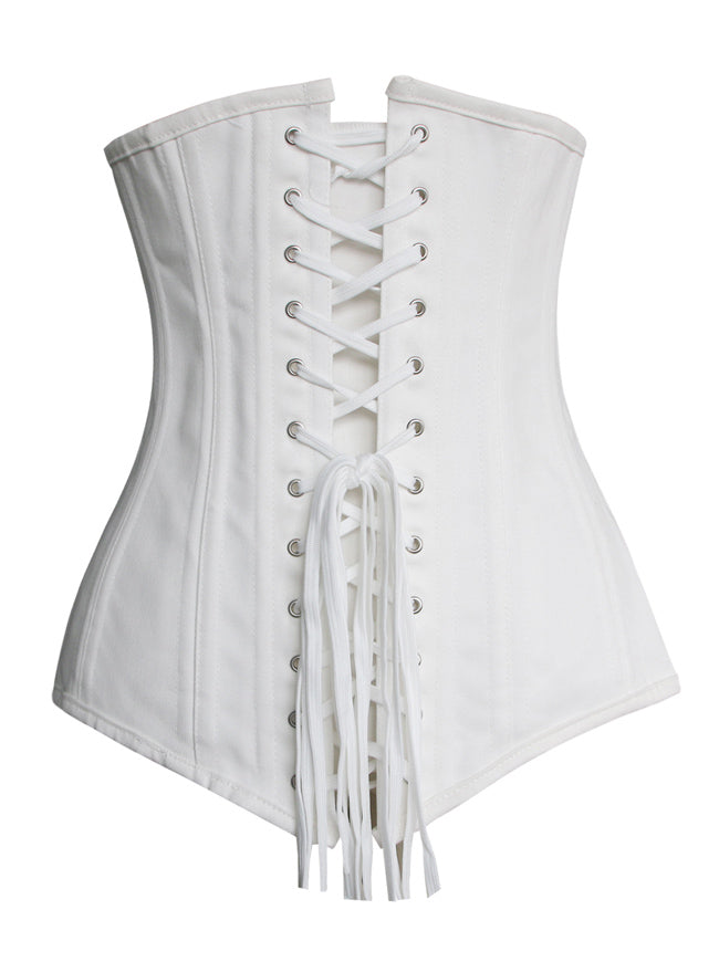 Elegant Retro Women White Cotton Gothic Steampunk Wedding Party Steel Boned Underbust Corset Tops Back View