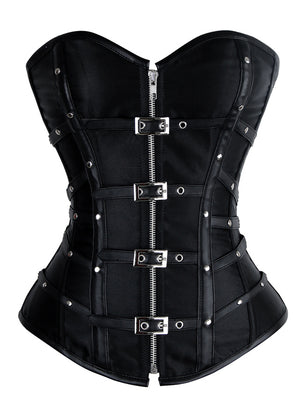 Top corsetto overbust con cerniera in raso punk gotico con fibbie