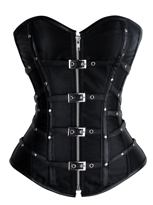 Gothic Punk Satin Boned Zipper Overbust Corset Top with Buckles