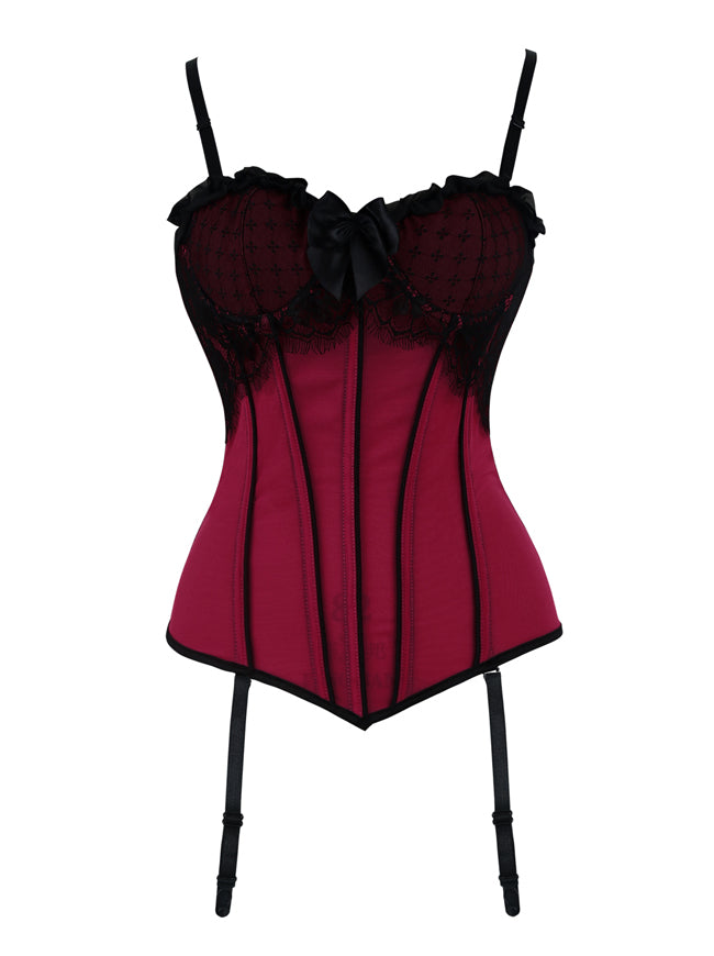 Women's Fashion Underwire Lace Boned Bustier Corset Lingerie Set with Garter Dark Red Back View