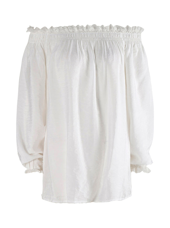 White Cotton Peasant Tunic Fashion Spring Plus Size Long Sleeves Cute Off the Shoulder Tops Blouses Back View