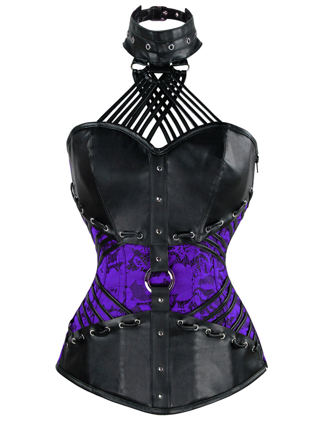 Women's Sexy Halter Faux Leather Steel Boned Halloween Overbust Corset Black/Purple Detail View