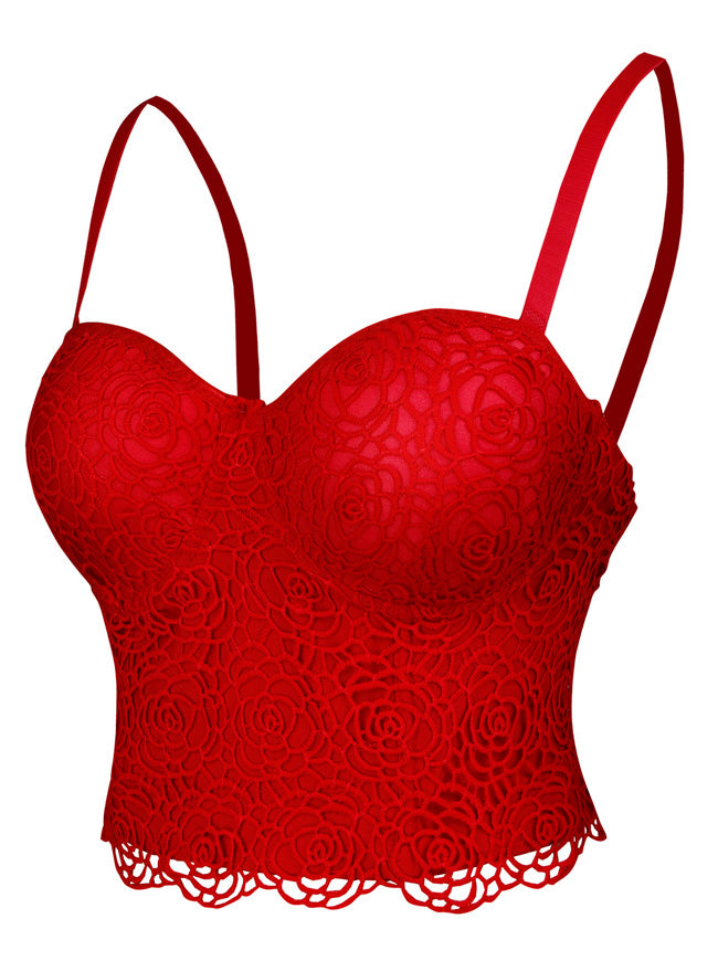 Elegant Sexy Women Red Lace Vintage Sweetheart Spaghetti Straps Padded Bra Crop Top Side View
