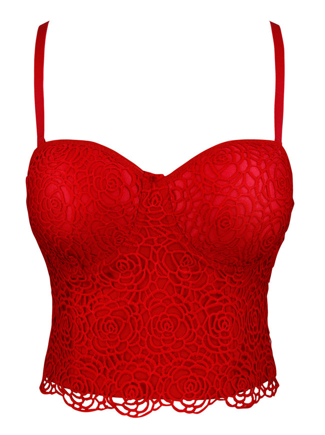 Elegant Sexy Women Red Lace Vintage Sweetheart Spaghetti Straps Padded Bra Crop Top Side View