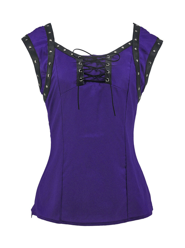 Retro Gothic Lace Up Sleeveless Patchwork Crepe Casual Blouse Top