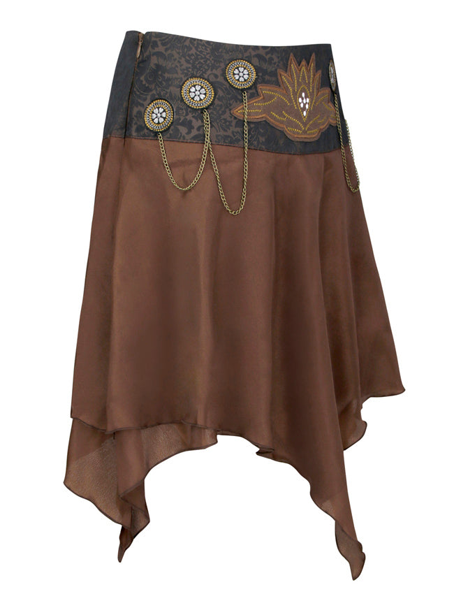 Steampunk Vintage Embroidered Layered Chains Saloon Skirt Brown