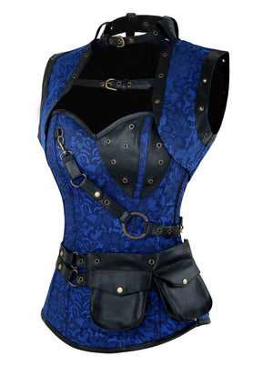 Steampunk Vintage Brocade Boned Lace Up Corset with Jacket and Belt