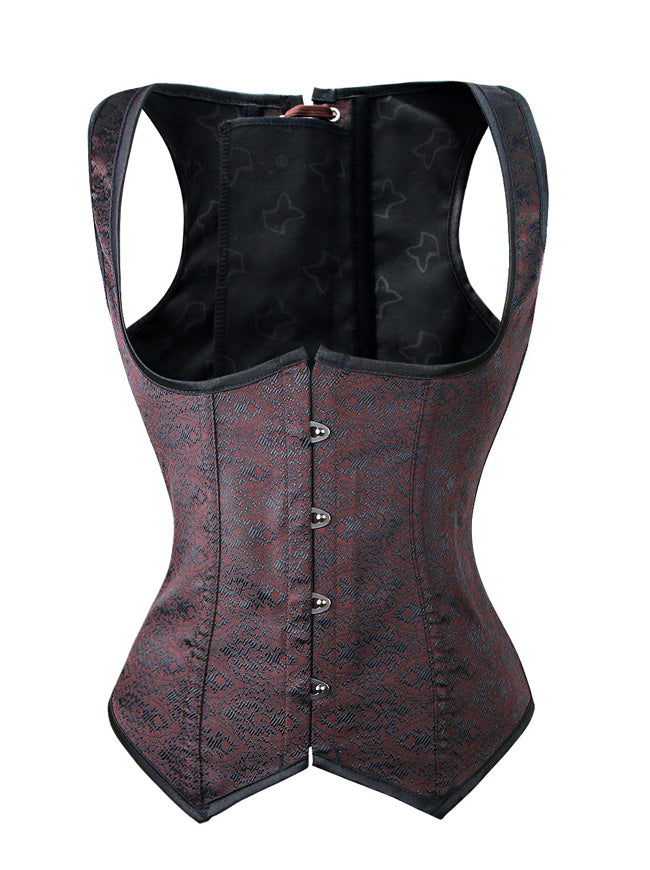 Women's Gothic Spiral Steel Boned Jacquard Hourglass Underbust Corset Vest Umber Detail View