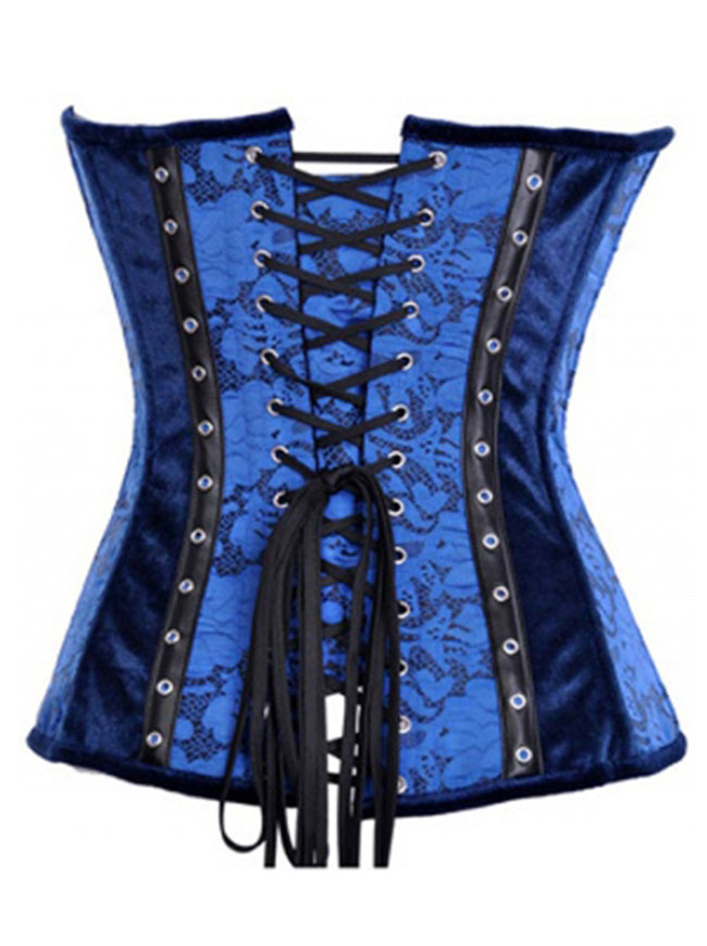 Steampunk Floral Lace Front Zipper and Back Lace Up Strapless Overbust Corset