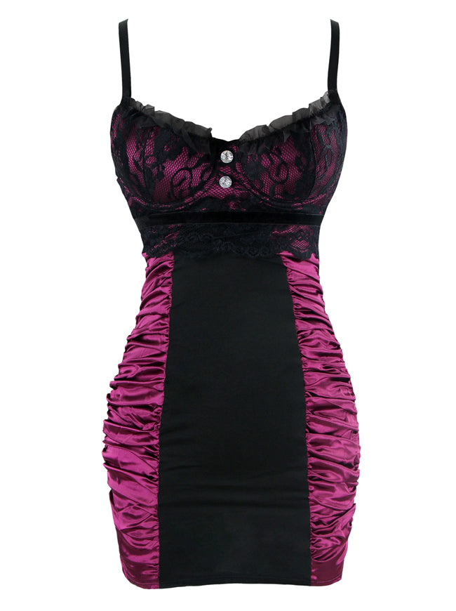 Women's Fashion Satin Lace Bodycon Mini Chemise Nightgown Bustier Lingerie Purple/Black Main View