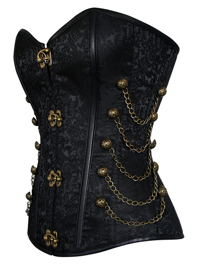 Classical Vintage Women Black Jacquard Steampunk Sweetheart Strapless Lace Up Waist Training Overbust Corset Tops Side View