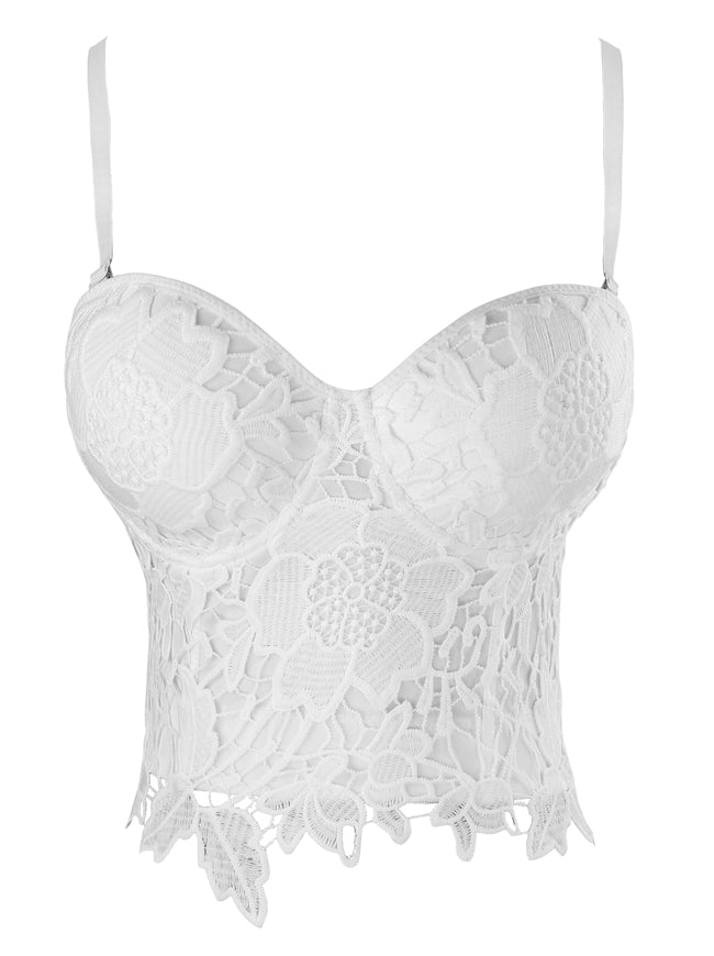 Vintage Gothic Padded Floral Lace Bustier Corset Party Crop Top Bra White Detail View