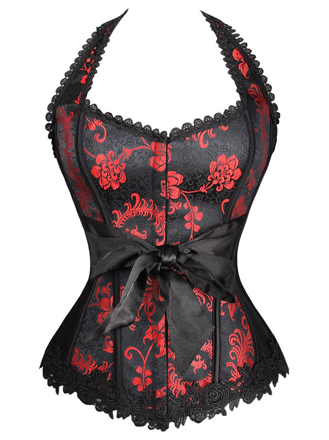 Retro Halter Jacquard Lace Boned Bustier Corset with Tie Bow
