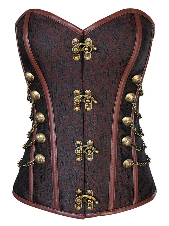 Steampunk Gothic Vintage Steel Boned Brocade Overbust Corset with Chains