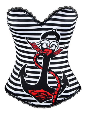 Burlesque Stripe Anchor Print Punk Rock N Roll Fashion Boned Bustier Top Halloween Costume Corset