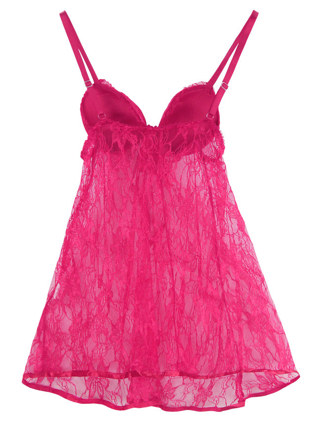 Women's Valentines See-through Lace Babydoll Sleepwear Chemise Lingerie Outfits Rose Back View