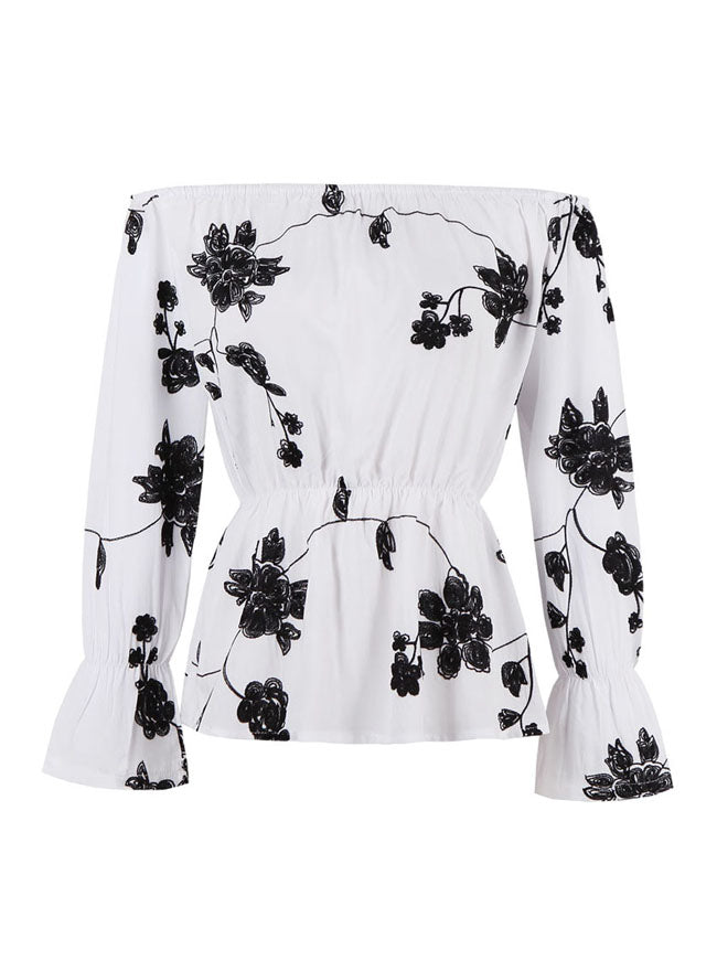 Women's Long Sleeves Cotton Floral Shirt Off Shoulder Blouse Top White Back View
