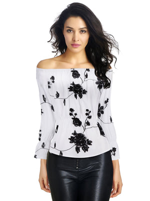 Women's Cheap Long Sleeves Cotton Floral Shirt Off Shoulder Blouse Top White Main View