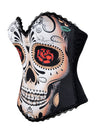 Women's Victorian Day of The Dead Skull Rose Print Rock N Roll Bustier Overbust Corset Skull-Black Side View