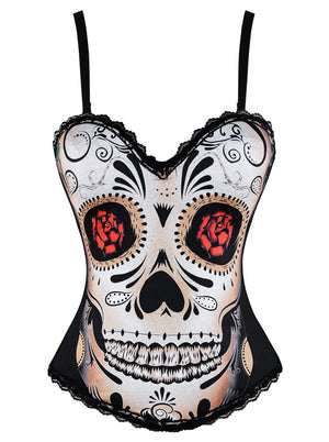 Women's Gothic Day of The Dead Skull Rose Print Rock N Roll Hourglass Overbust Corset Skull-Black Main View