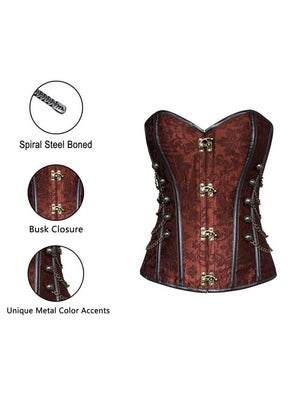 Women's Retro Jacquard Spiral Steel Boned Busk Closure Halloween Corset with Chains Brown Detail View