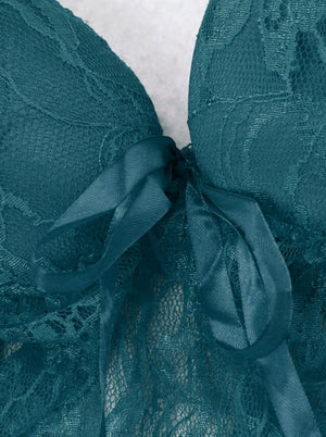 Mode Féminine Transparent Dentelle Babydoll Vêtements de Nuit Chemise Lingerie Tenues Vert Foncé Vue Détaillée