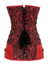 Women's Retro Brocade Steel Boned Long Torso Faux Leather Overbust Corset Top Dark-Red Back View