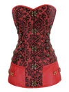 Retro Goth Brocade Steel Boned Long Torso Faux Leather Steampunk Overbust Corset Top with Hanging Chains Main View
