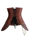 Women's Gothic Brocade Steel Boned Leather Underbust Corset with Hip Panels Brown Back View
