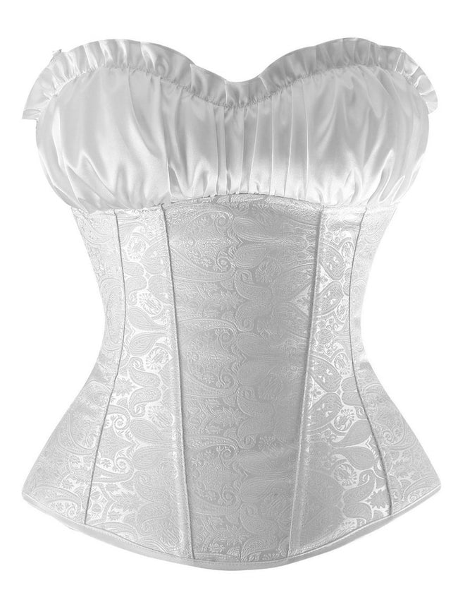 Women's Renaissance Strapless Jacquard Lace Up Wedding Bustier Overbust Corset White Back View