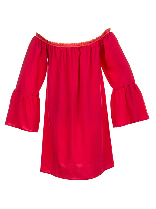 Casual Ruffled Off Shoulder Long Sleeve Peasant Blouse Top Mini Dress Red Back View