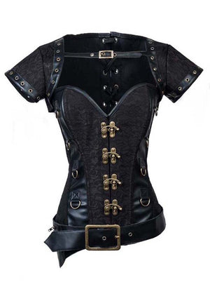 Spiral Steel Boned Steampunk Retro Brocade and Leather Overbust Corset with Jacket and Belt