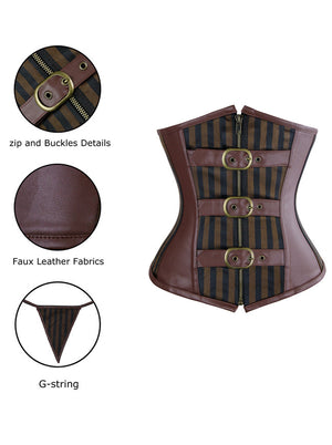 Women's Fashion Spiral Steel Boned Zipper Halloween Underbust Corset with Buckles Light Brown Detail View