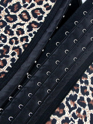 Women's High Quality Steel Boned Latex Hooks Waist Trainer Body Shapewear White Leopard Detail View