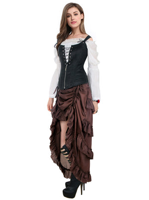 Women's Gothic Cyberpunk High Low Ruffle Pirate Skirt Coffee Side View