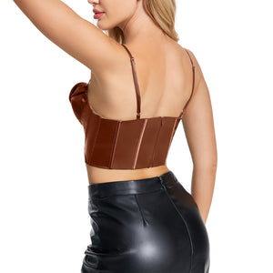 Charming Pretty Girl Brown Satin Spaghetti Straps Overbust Tops Back View